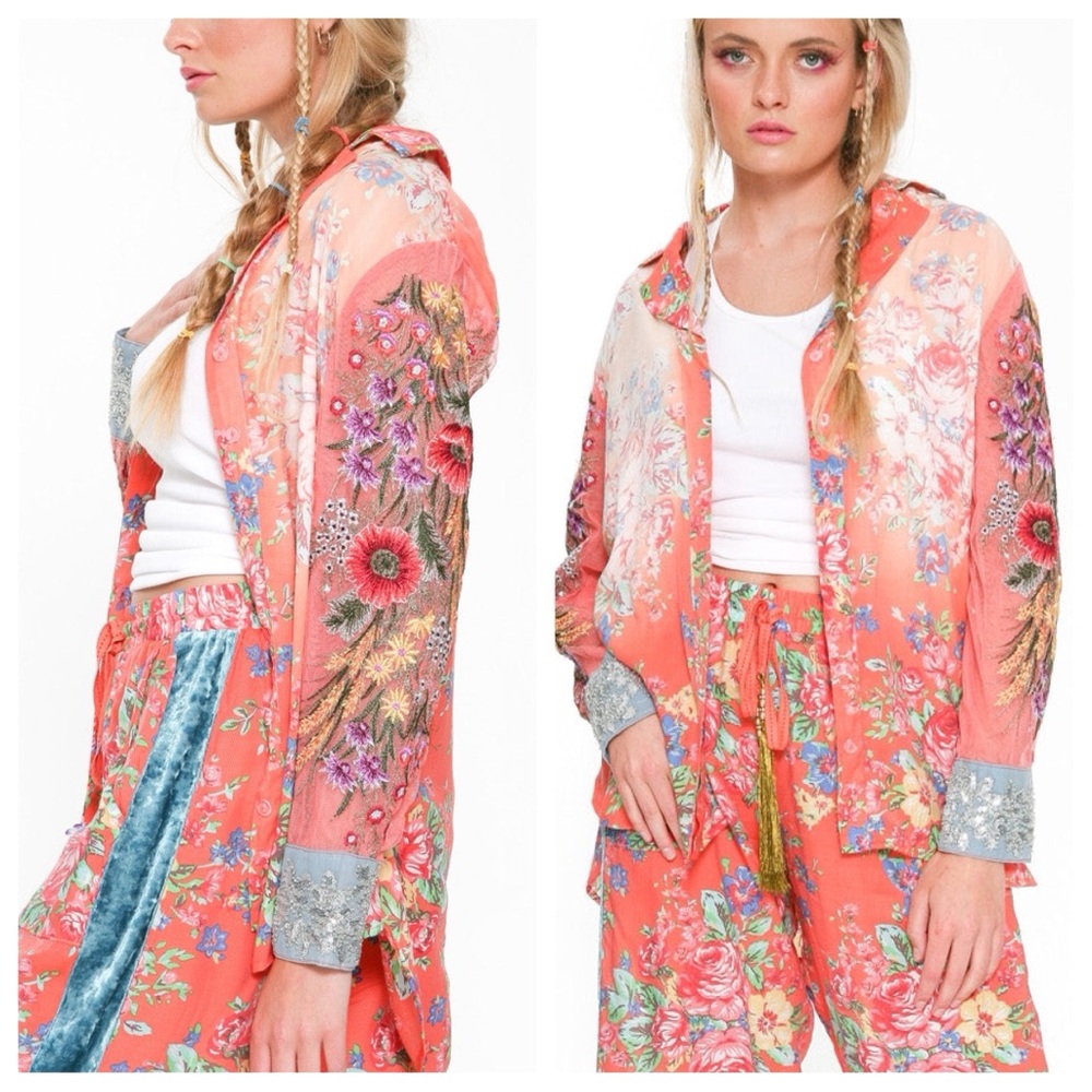 Aratta Girls Are Young Coral Pink Floral Embroidered Button-Front Blouse